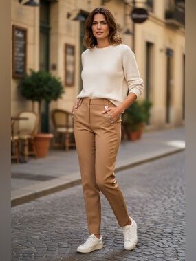 WHBM Jolie Straight Pants Size 8 Camel Gold Button High Rise Ankle Tailored